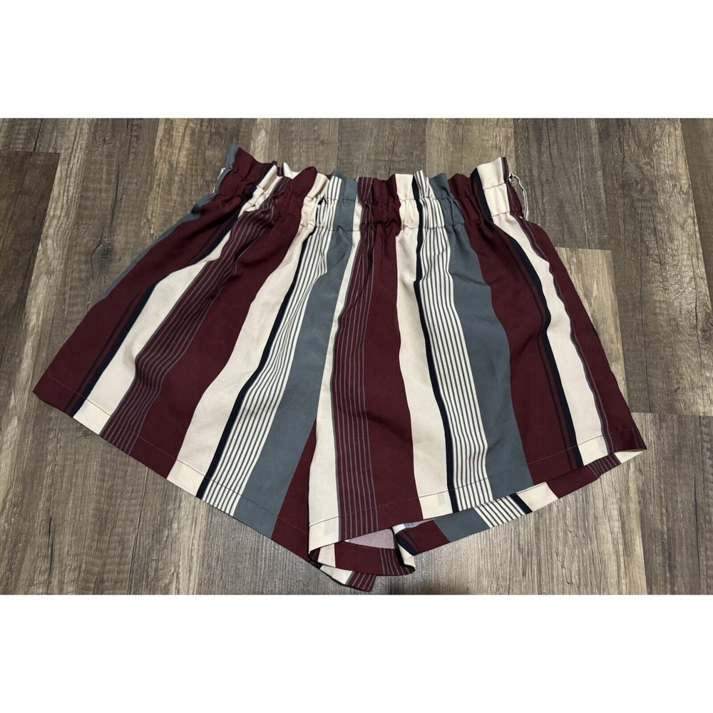 SHEIN Women's Striped Shorts‎ Size Small Burgundy Grey Black Paper bag Waist